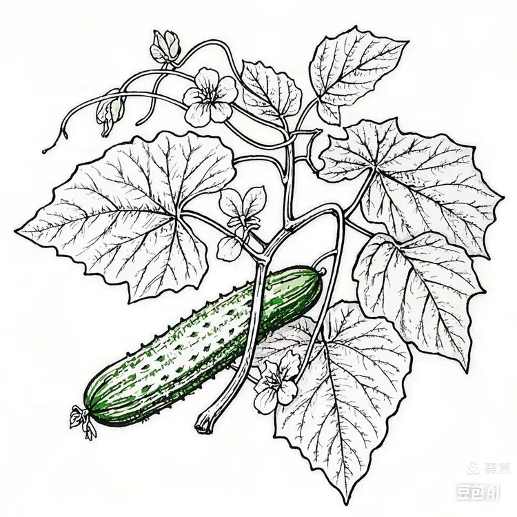 两根黄瓜带叶生,一纸素描见真雅.简笔勾勒情意浓,藤蔓交错显风华